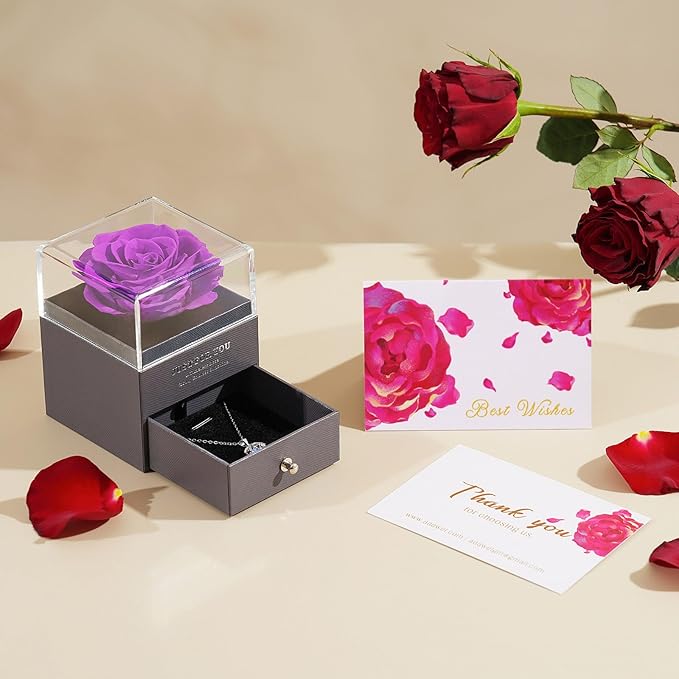 Romantic Rose Gifts for Her - Forever Preserved Rose with Silver Heart Pendant Necklace for Wife Girlfriend Mom | You Are My Sunshine Music Box for Women - Perfect on Valentines, Birthday, Anniversary