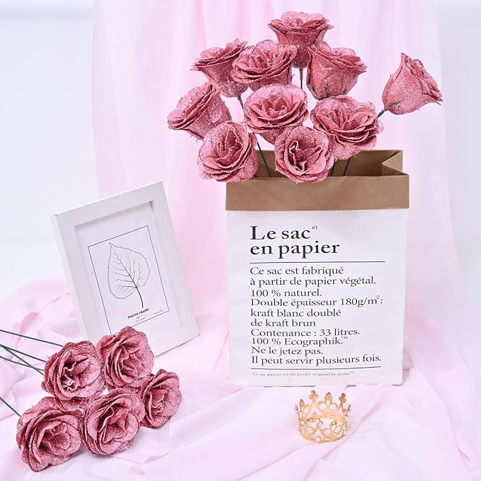 Waipfaru Glitter Roses Bouquet, DIY Fake Flowers Bouquet, Birthday Gifts for Women Mom, 24 Pcs Rose Gold Rose for Wife Girlfriend Valentines, Mothers Day, Anniversary, Graduation