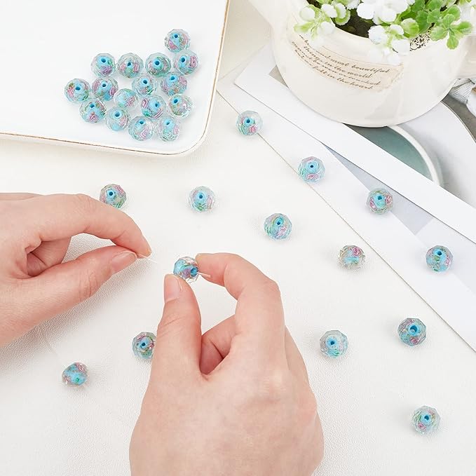 PH PandaHall 45pcs 9~12mm Gold Sand Lampwork Beads Glass Handmade Round Loose Beads for Rosary Making Jewelry Craft Making with 2mm Hole - Deep Sky Blue
