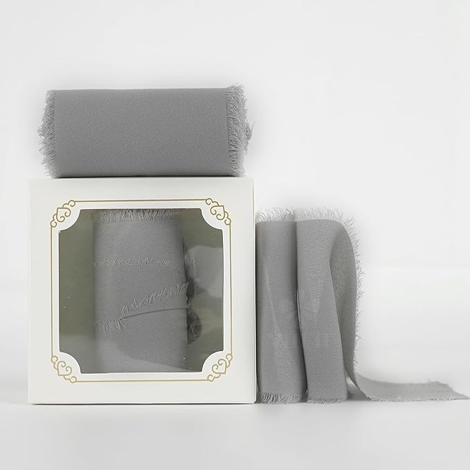 MEEDEE Silver Chiffon Ribbon 3 Inch Frayed Ribbons Gray Chiffon Silk Grey Fringe Ribbon Wide Chiffon Ribbons for Crafts, Flower Bouquet, Wedding Favors Wrapping (2 Rolls 10 Yards)