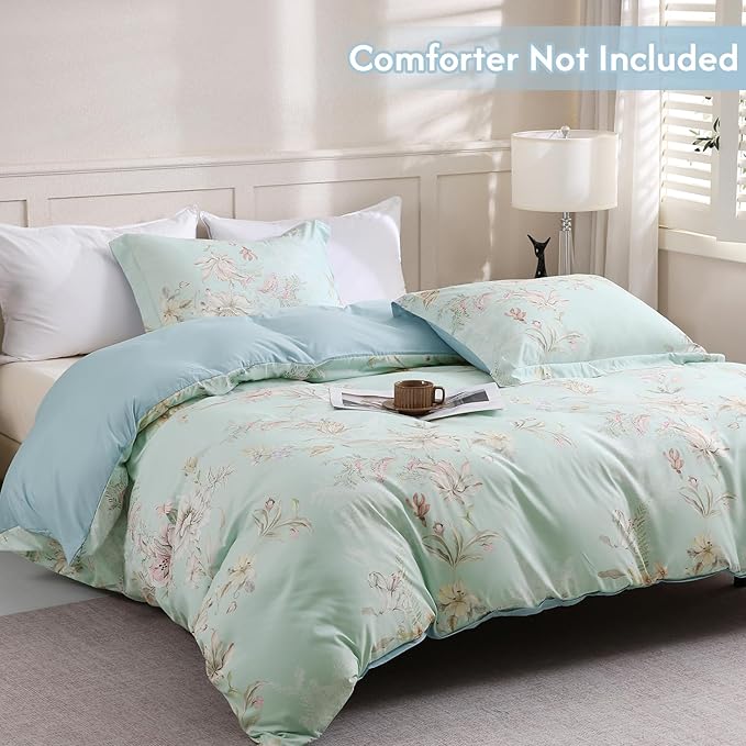 LONAVA Queen Flower 3 Pcs Duvet Cover Set, Breathable Soft Microfiber Light Blue Lining Comforter Cover with Zipper Closure, and 2 Anti-Pilling, Fade Resistant Pillowcases, Mint Flower