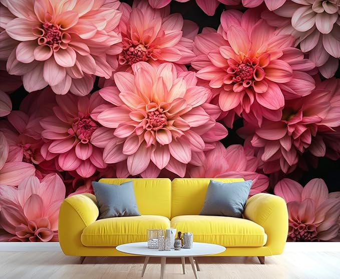 Pink Dahlia Floral Wall Mural, Blush Pink Dahlia 3D Wall Murals, Romantic Floral Wallpaper Mural, for Living Room Bedroom Large Wallpaper Indoor Decor 197" W x124.8 H