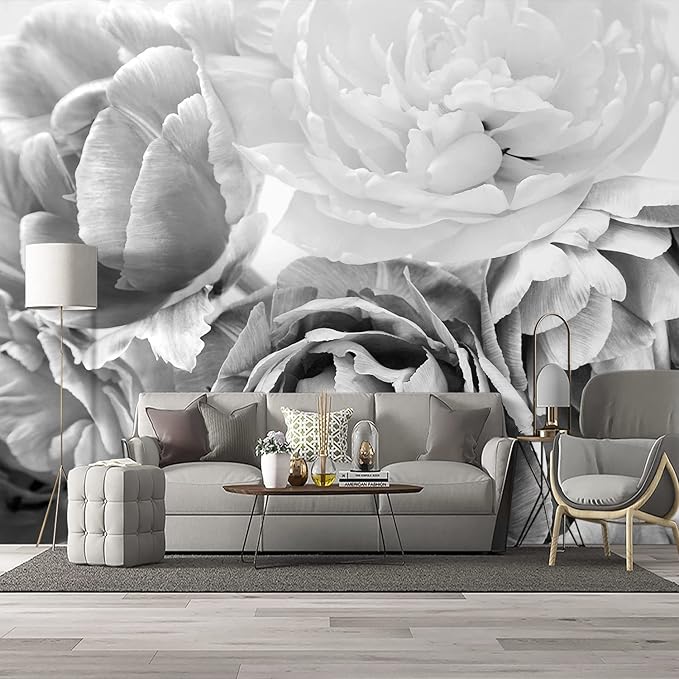 Grey Peony Floral Wallpaper Bedroom Black and White Flowers murals Aesthetic Room Decor Living Room tv Background Large Wall Mural - 91"x65" Not Peel and Stick