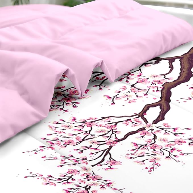 Comforter Set Full Size, Japanese Cherry Blossom 7 Pcs Bedding for Kids and Adults, Flower Painting Pink Bed Sheet Sets with Fitted Sheet 2 Pillowcase & 2 Sham for Bedroom Bed Decor