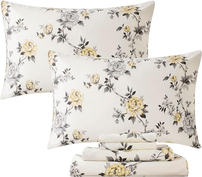 FADFAY Floral Sheets Set Queen Vintage Rose Floral Bedding Shabby Grey and Yellow Peony Sheets Farmhouse Bedding 800 Thread Count 100% Egyptian Cotton Soft Deep Pocket Fitted Sheet 4Pcs, Queen Size