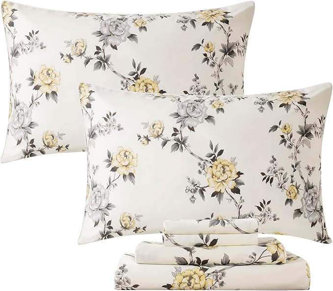 FADFAY Floral Sheets Set Cal King Vintage Rose Floral Bedding Shabby Grey and Yellow Peony Sheets 800 Thread Count 100% Egyptian Cotton Super Soft Deep Pocket Fitted Sheet 4Pcs, California King Size