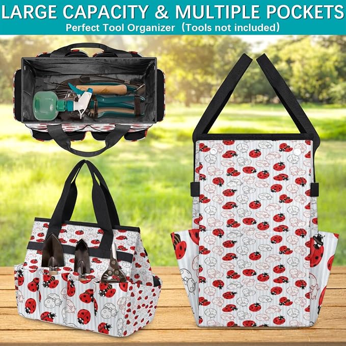Ladybug Pattern Garden Tool Tote Bag for Women Men Gardening Tool Storage Bags with 10 Pockets Standable Garden Home Tool Kits Organizer for Indoor Outdoor Gardening Gifts