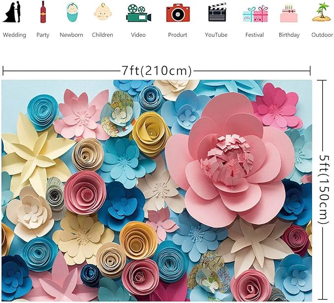 Paper Flower Backdrop for Mother's Day - Colorful Flowers Wall Photography Background - Lovely Style Blue Pink - Women Girls Birthday Party Decoration - Portraits Shooting Props (7x5ft)