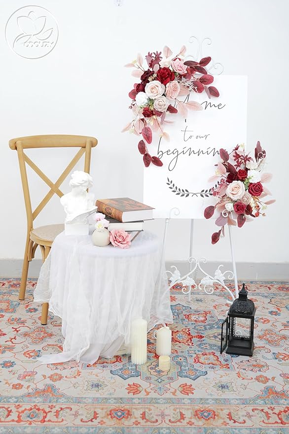 Pack of 2 Wedding Arch Decorations Artificial Hanging Flowers Floral Swag for Wedding Welcome Sign Backdrop Balloon Arch Home Party Bridal Ceremony Reusable(Red)