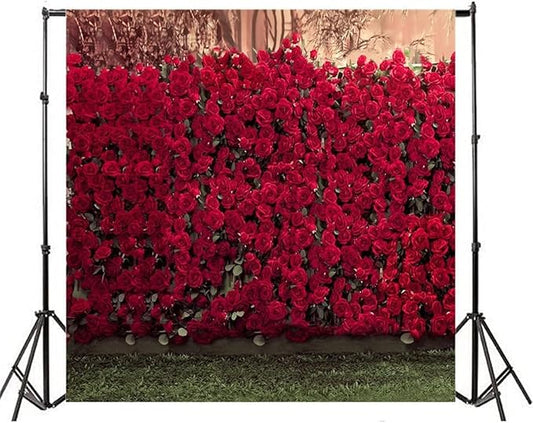 AOFOTO 8x8ft Portrait Backdrops Photography Wedding Background Manor Romance Red Rose Flowers Wall Blurry Grassland Lovers Anniversary Decor Kid Girl Ladies Portrait Photo Shoot Studio Props Vinyl