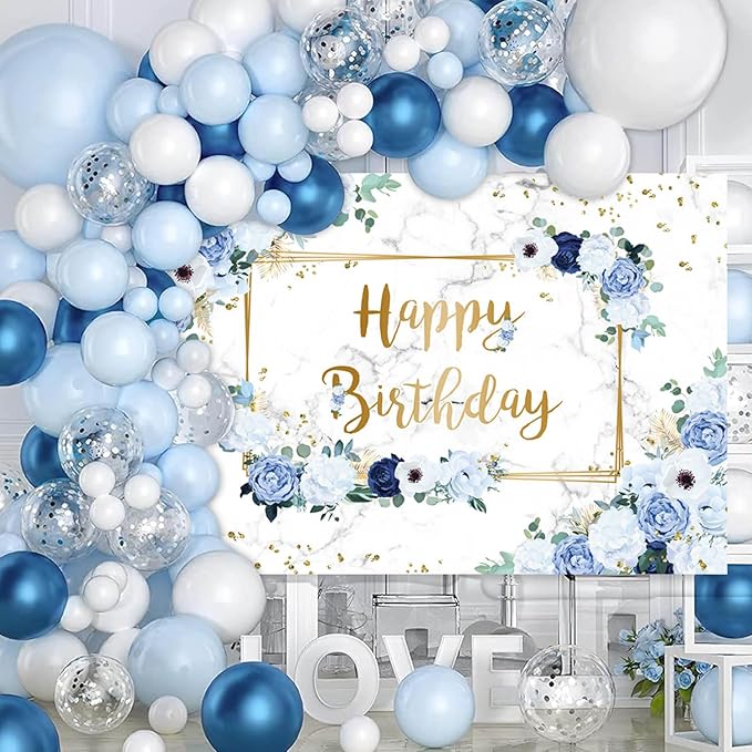 MEHOFOND 10x7ft Happy Birthday Backdrop Blue and White Flowers Bday Photography Background Girls Geometric Gold Glitter Dots Birthday Floral Party Decorations Cake Smash Decor Studio Photo Props