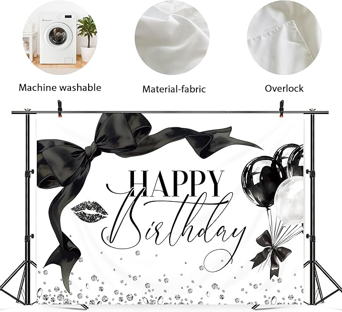 Black Bow Happy Birthday Banner Backdrop 5Wx3H Photography Girls Coquette Birthday Decorations Black White Bowknot Balloons Background Women Party Decorations Photo Booth Props Supplies