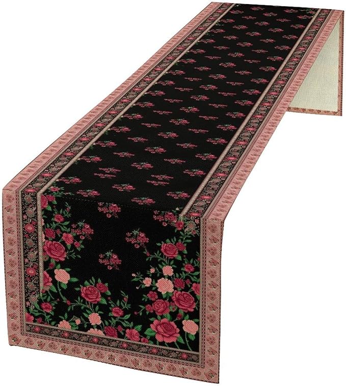 Romantic Rose Table Runner, Black Red Floral Blossoms Farmhouse Rustic Decor Table Runner for Kitchen Dining Home Party Wedding, 13x36 Inch
