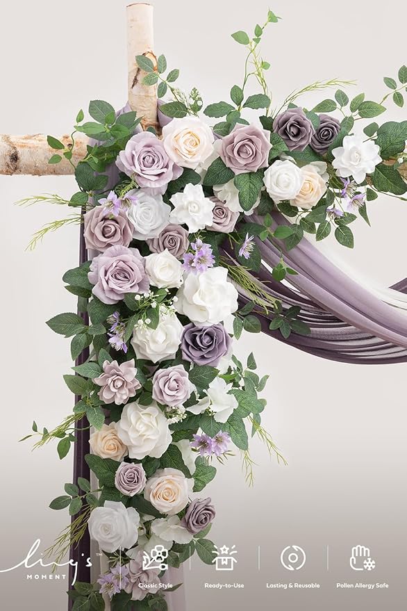 Ling's moment Wedding Arch Flowers with Drapes Kit-Pack of 5, 2pcs Flower Arrangements 3pcs Sheer Hanging Drapes White Ceremony Arbor Backdrop Artificial Rose Floral Decorations, Lilac & Purple