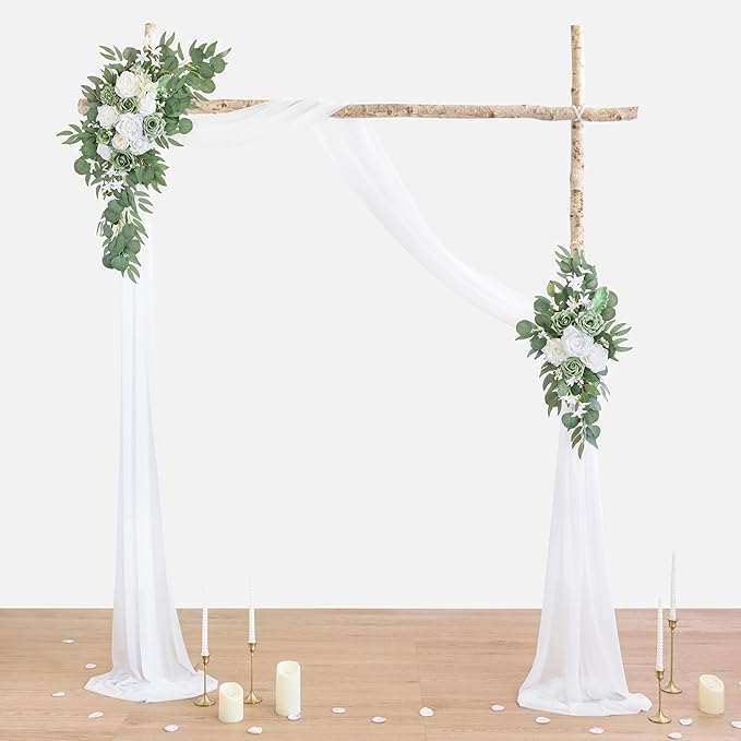 ponatia Wedding Arch Flowers with 26Ft White Arch Draping Fabric, Artificial Sage Green Wedding Flowers for Wedding Welcome Signs Decorations and Arch Flowers for Wedding Ceremony Reception