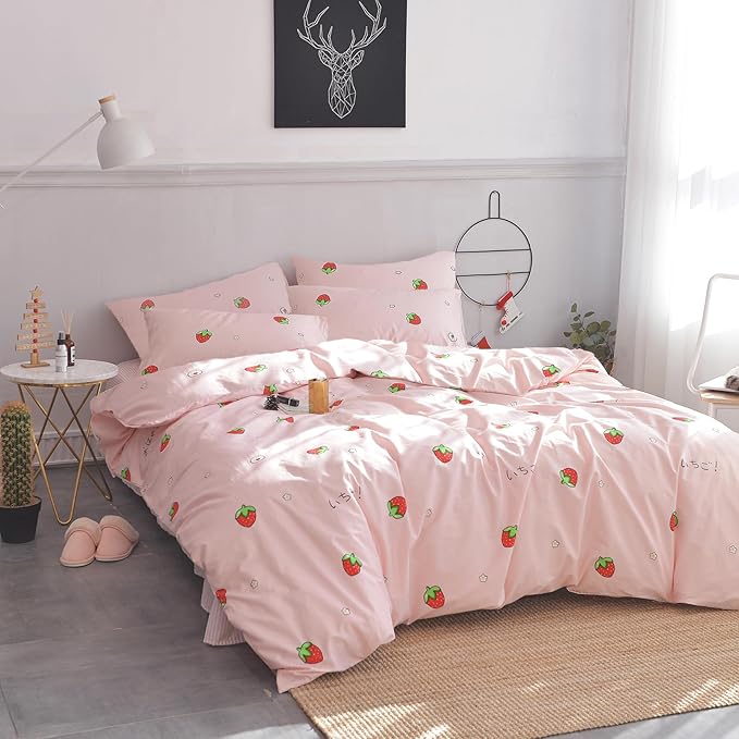 AOJIM Strawberry Kids and Adults Duvet Cover Queen Size, 100% Cotton Pink Anime Bedding Comforter Cover Set 3pcs with Zipper Closure, 1 Cute Soft Quilt Cover and 2 Pillowcases for Room Decor, No Duvet