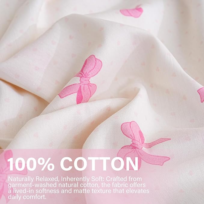Pink Bow Duvet Cover Set Queen 100% Nature Cotton Duvet Cover 3 Pcs Girls Cute Comforter Cover with Zipper Closure Ultra Soft Breathable Bedding Set for All Seasons