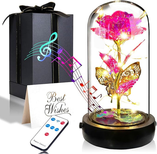 Birthday Rose Flower Gifts for Women, Glass Flower Gift for Mom from Daughter Son, Pink Light Up Rose in Glass Dome with Music Box for Her Wife Grandma