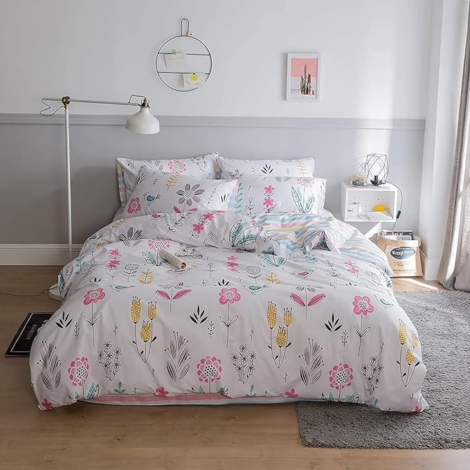 Floral Girls Duvet Cover Twin Boho Floral Bird Print Bedding Sets Garden Style Cotton Comforter Cover Reversible Striped Bedding Sets Kids Teens Bedroom Comforter Cover Aesthetic Duvet Cover Set