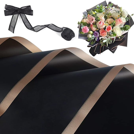 Kosotody 20 Sheets Flower Wrapping Paper Waterproof Florist Bouquet with Ribbon for Bouquets DIY Crafts Packaging Bouquet, 22.8x22.8 inch (Black)…