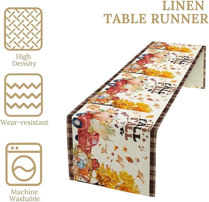 Fall Pumpkin Table Runner,Rustic Maple Yellow Leaf Trees Truncks Brown Plaid Tablecloth Burlap for Hotel Indoors Outdoor Dining Room Kitchen Home Decor,W13X L108 in