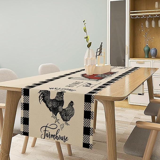 Rustic Farmhouse Table Runner Vintage Western Farm Red Barn Windmill Cabin Country Lodge Dinner Runner for Home Kitchen Dinner Table Party Decoration 13x60in