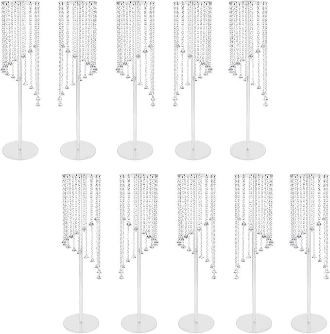 10 Pcs Acrylic Column Flower Stand with Chandelier Crystals, Clear Acrylic Tall Vases Fancy Metal Vase Stand for Weddings and Parties 7.87 x 7.87 x 31.5 Inch