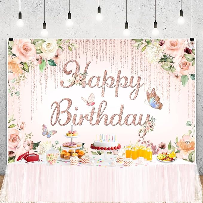 ChloropLastid 6x4ft Pink Floral Birthday Backdrop Rose Gold Glitter Flower Blossom Butterflies Happy Birthday Photography Background for Girls Princess Bday Party Decorations Banner Photo Props