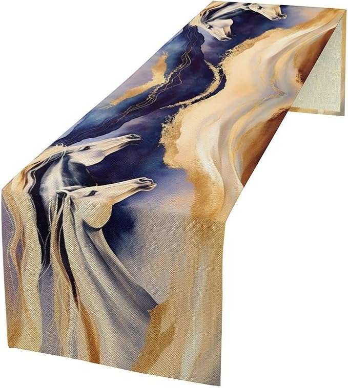 Marble Horse Table Runner, Dark Blue Gold Marble Abstract Horses Gold Natural Liquid Texture Dinner Runner Table Decoration for Home Kitchen Dining Holiday Party 13x70in