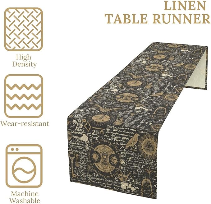 Gothic Table Runner,Black Gold Vintage Theme Print Table Runner for Home Kitchen Table Dining Garden Farmhouse Wedding Party Decor 13x90 Inch