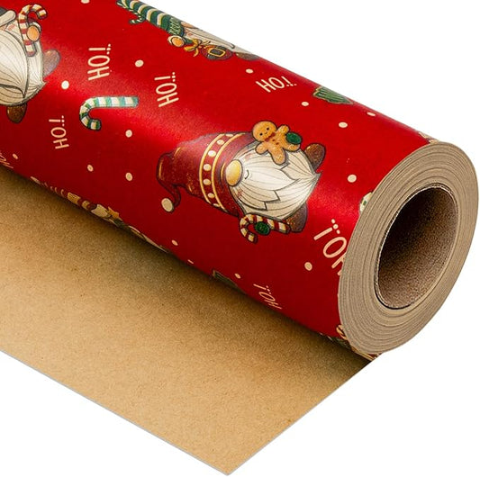 Yarcony Gnomes Christmas Wrapping Paper, Kraft Red Wrapping Paper, Recyclable Funny Gnome Thick Christmas Gift Wrap for Holiday Gifting, Festive Winter Celebrations (Mini Roll, 17 Inch X 33 Feet)