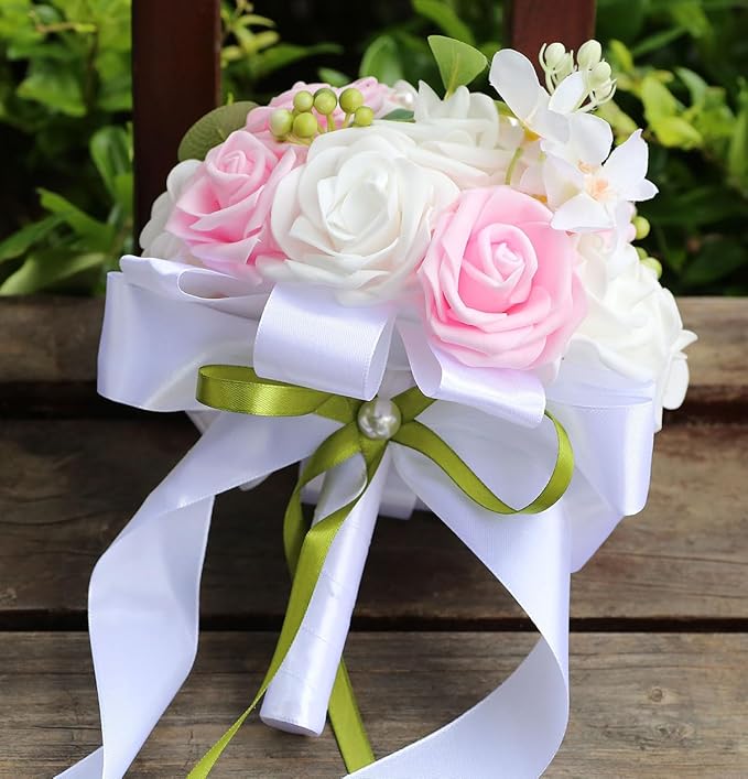 Lightweight Bridal Wedding Bouquet Round Holding Bouquet Throw Toss Artificial Rose Flower Bunch for Bride Bridesmaid Wedding Quinceanera (White & Pink, 9.1")