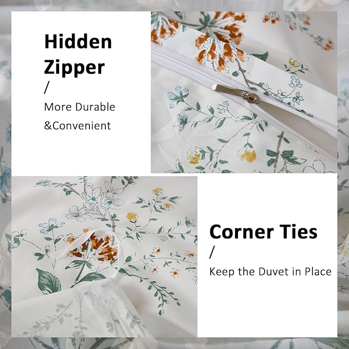 100% Cotton Duvet Cover Sets Queen Size Garden Chic Floral Duvet Cover with Zipper Closure Botanical Coquette Bedding Set Ultra Soft & Breathable
