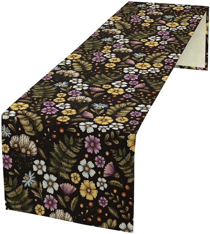 Vintage Flower Table Runner, Rustic Farmhouse Colourful Botanical Flowers Fern Print Kitchen Dining Table Decor Seasonal Home Decoration Indoor Outdoor Party, 13x36inch