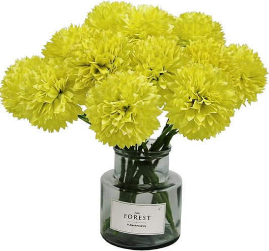 Tinsow 12 Pcs Artificial Flowers Faux Ball Chrysanthemum Bouquet Flowers Bridal Wedding Bouquet for Home Garden Party Wedding Decoration (12, Lemon Yellow)