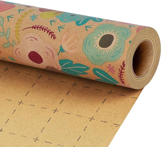 BIOBROWN Kraft Floral Wrapping Paper Roll - 17 Inches X 33 Feet (47 sq. ft. ttl.) Wildflowers Design Flower Gift Wrap for Mother's Day, Wedding, Bridal Shower, Birthday