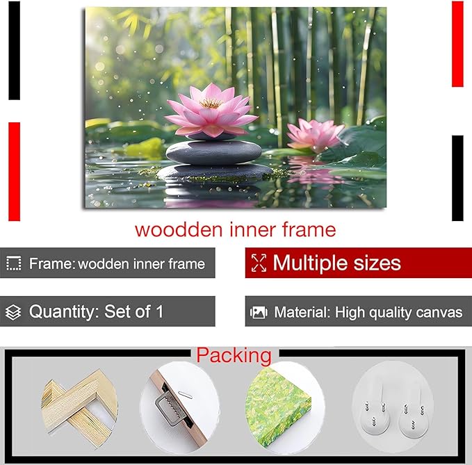 Ethereal pink lotus on obsidian Sunlit bamboo forest with sparkling water drops Poetic nature inspired wall art for tranquil homes and mindful spaces 24x36in Wood Framed
