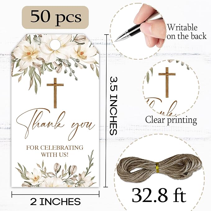 Thank You for Celebrating with Us Tag, 50 Pcs Baptism Paper Lables, 2x3 Inch Baptism Floral Gift Tags with String for Wedding Birthday Baby Shower Bridal Shower, Party Decoration-A02