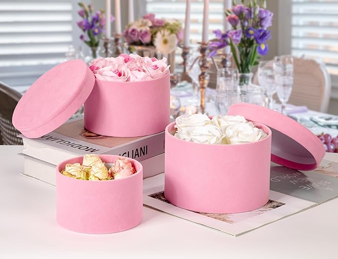 Round Gift Boxes with Lids for Presents Set of 4 Pink Velvet Nesting Gifts Box for Arrangements Flowers Wedding Birthday Valentines Bridesmaid Christmas Party Anniversary