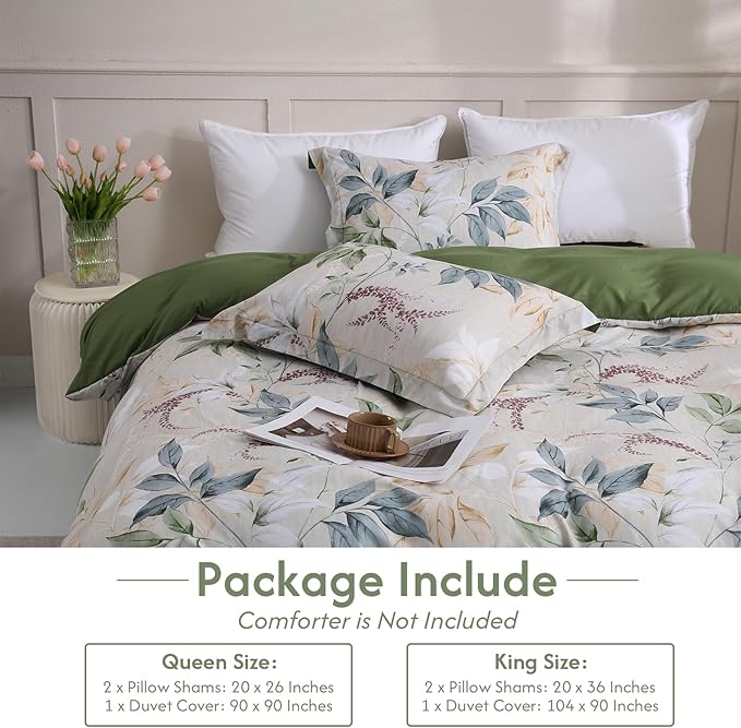 LONAVA Queen Botaincal 3 Pcs Duvet Cover Set, Breathable Soft Microfiber Forest Green Lining Comforter Cover with Zipper Closure, and 2 Anti-Pilling, Fade Resistant Pillowcases, Lavender
