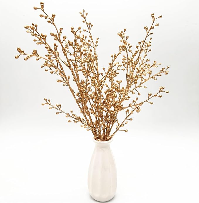 Artificial Golden Berry Stem Decorations, Fake Bead Sticks Picks Plastic Plants for Home Party Christmas Berries Stems Tree Ornaments Wreath Crafts DIY Gift Wedding Bouquet Xmas Decor Gold 6 Pcs