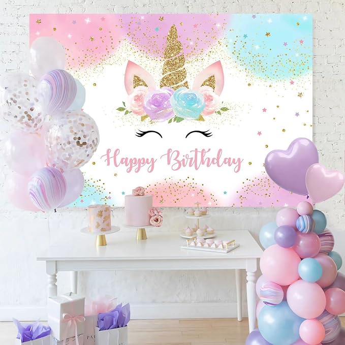 Mocsicka Unicorn Birthday Decorations Backdrop for Girls Party 5x3ft Pastel Rainbow Glitter Stars Dots Happy Birthday Banner Photo Booth Props