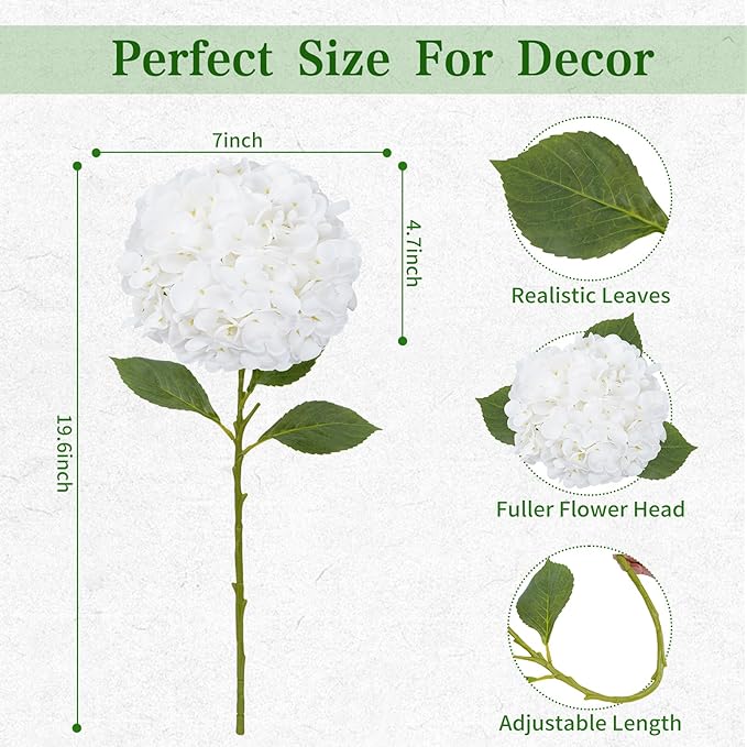 4 Pcs White Hydrangea Artificial Flowers, Latex Real Touch Hydrangea Flowers, 19.6'' Full Faux Hydrangea Flowers Fake Flowers for Home Decor Party Wedding Centerpiece Bouquet Floral Arrangements