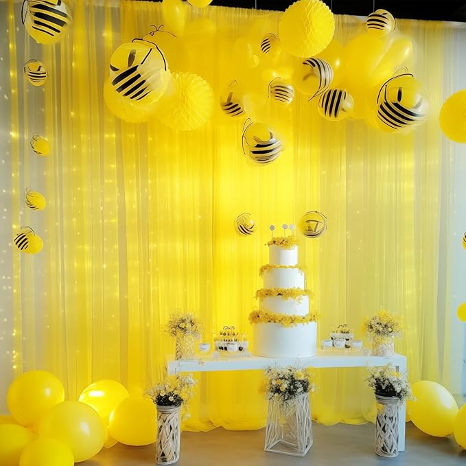 30ft x 10ft Yellow Backdrop Curtain with Lights String for Parties, Sheer Tulle Wedding Photo Backdrops Drapes for Baby Shower Birthday Party Decorations Background for Photography