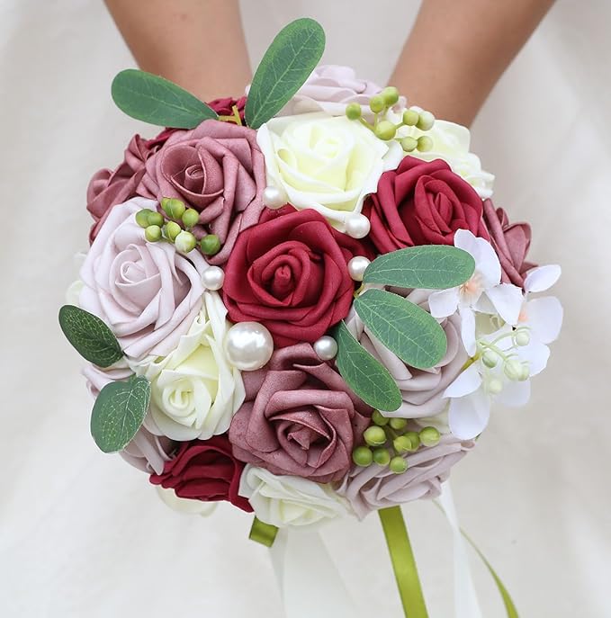 Lightweight Bridal Wedding Bouquet Round Holding Bouquet Throw Toss Artificial Rose Flower Bunch for Bride Bridesmaid Wedding Quinceanera (Cream, Smoky Rose, Light Taro & Burgundy, 7.9")