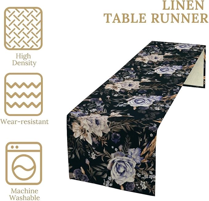 Dark Botanical Table Runner, Gothic Vintage Purple Garden Flowers Herbs Print Print Table Cover for Kitchen Dining Home Decor Wreath Party Decoration, 13x90inch