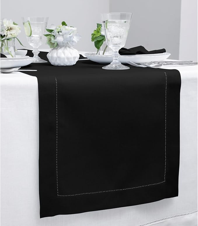 Solino Home Linen Black Table Runner 108 Inches Long - 100% Pure Linen 14 x 108 Inch Table Runner for Winter, Spring, Easter - Classic Hemstitch