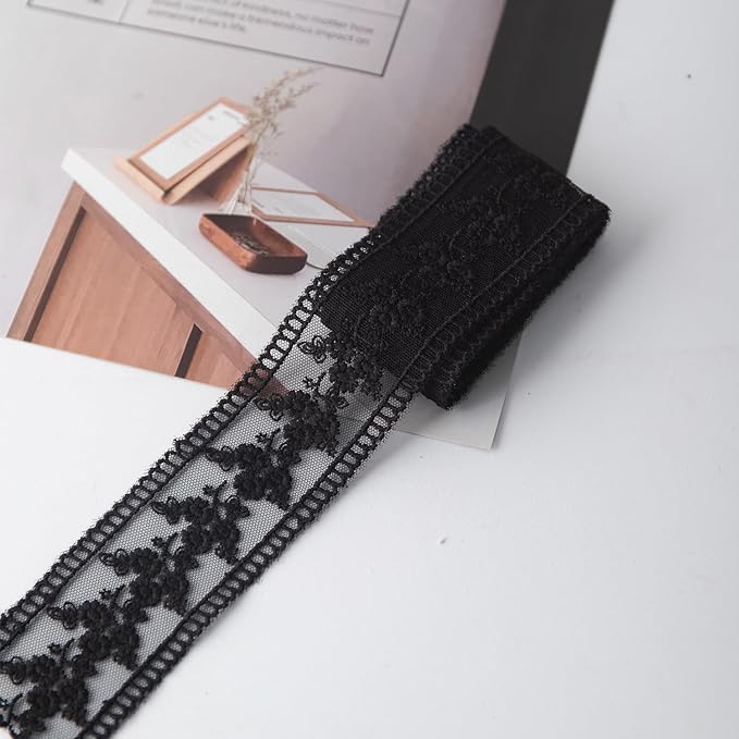 5 Yard Floral Lace Ribbon, Delicate Daisy Lace Trim for Wedding Dresses, DIY Crafts, Clothing, and Curtain Embellishments(Black)