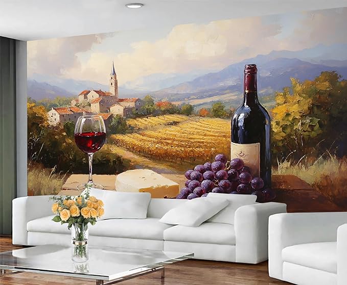 Tuscany Vineyard Wall Mural, Countryside Winery Scene 3D Wall Murals, Italian Rural Landscape Wallpaper Mural, for Living Room Bedroom Large Wallpaper Indoor Decor 137.8" W x100 H