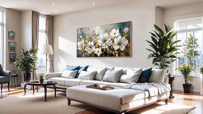 Wall Art Modern Flower Artwork Paintings White Blossom Gold Leaf Butterfly Landscape Picture wall Decor for Living Room Bedroom Kitchen 30"x60" with Framed